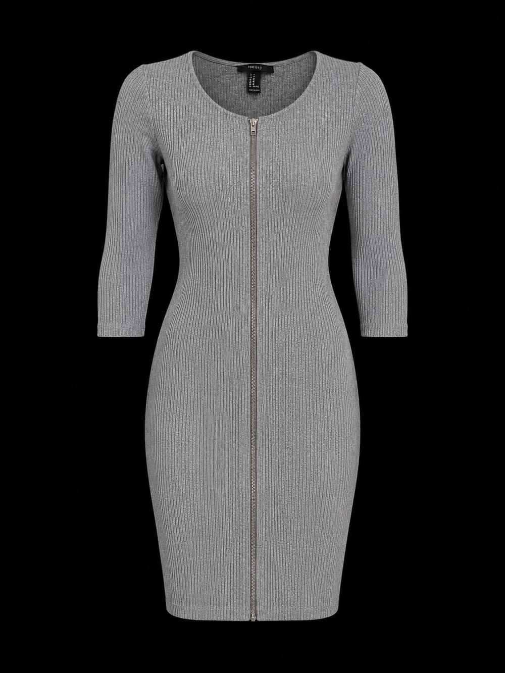 Forever 21 Silver-Grey Ribbed Zip Front Bodycon Dress Medium